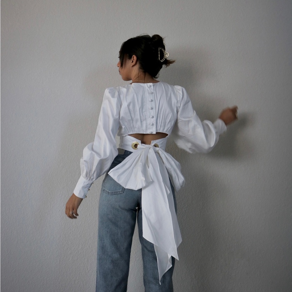 Aje White Puff Sleeve Open Back Tie Blouse